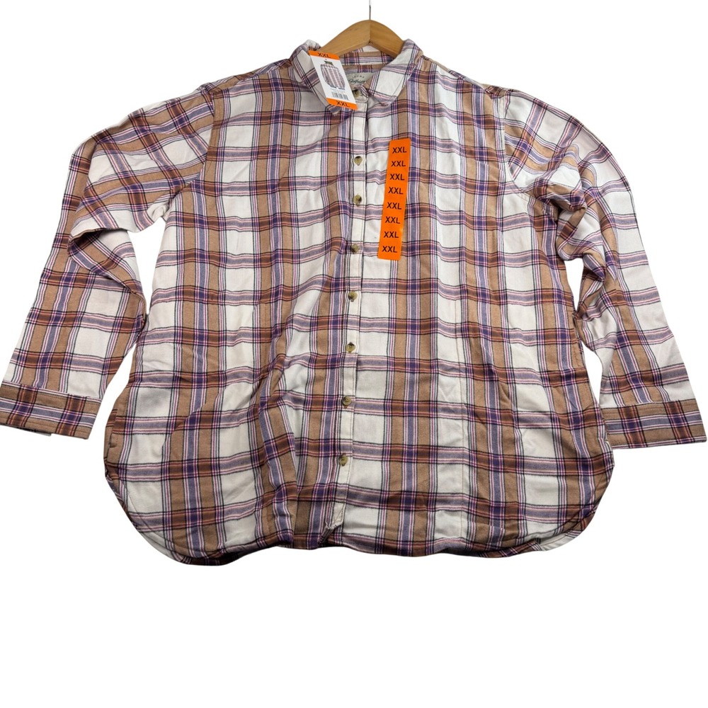 Jachs Girlfriend Womens XXL Plaid Button Down Shirt Tan Purple Long Sleeve NWT